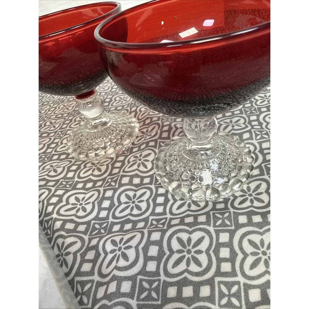 Vtg. Anchor Hocking BUBBLE FOOT ROYAL RUBY Red Champagne Sherbet Glasses Set/8